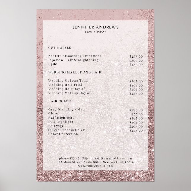 Modern Rosegold Glitter Salon Price List Poster (Front)