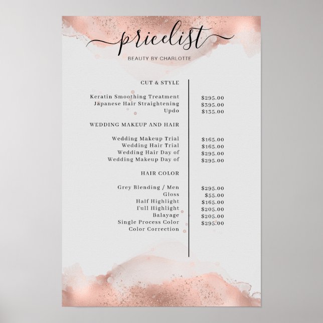 Modern  Roségold Watercolour Pricelist Poster (Front)