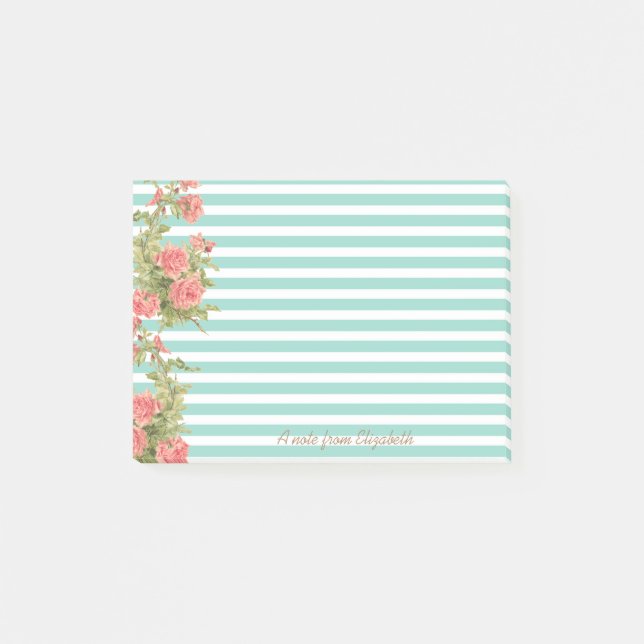 Modern, Roses on Stripes-Personalised Post-it Notes (Front)