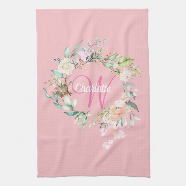 Modern Roses Pink Initial Script Monogram Tea Towel (Vertical)