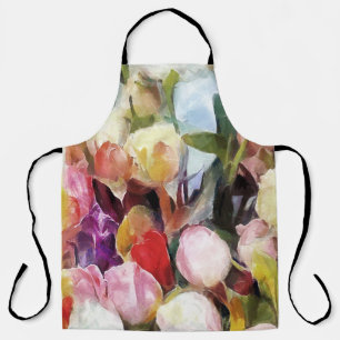 Modern Roses Tulips Bouquet: Abstract Oil Painting Apron