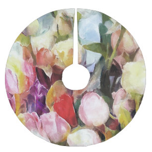 Modern Roses Tulips Bouquet: Abstract Oil Painting Brushed Polyester Tree Skirt