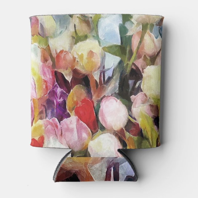 Modern Roses Tulips Bouquet: Abstract Oil Painting Can Cooler (Front)