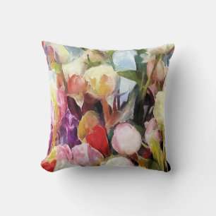 Modern Roses Tulips Bouquet: Abstract Oil Painting Cushion