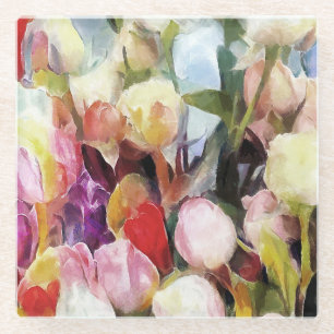Modern Roses Tulips Bouquet: Abstract Oil Painting Glass Coaster