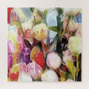 Modern Roses Tulips Bouquet: Abstract Oil Painting Jigsaw Puzzle