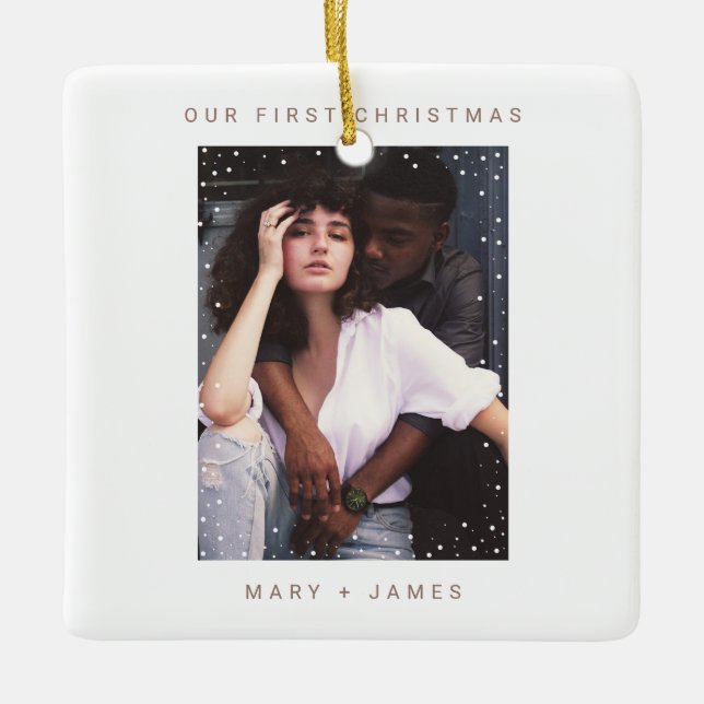 Modern Rosewood Brown | Merry and Married Photo Ceramic Ornament (Front)