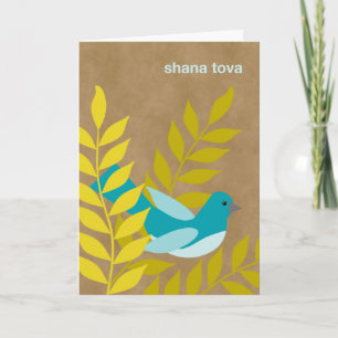 Modern Rosh Hashanah Blue Bird on Kraft Paper Look Holiday Card