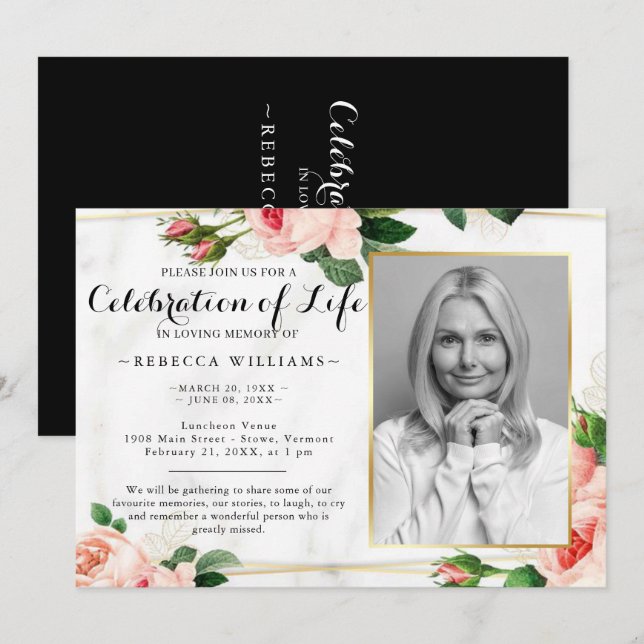 Modern Rosy Blush Floral Photo Celebration of life Invitation (Front/Back)