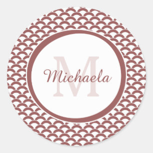 Modern Rosy Brown White Scallops Monogram and Name Classic Round Sticker