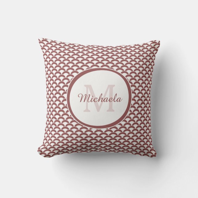 Modern Rosy Brown White Scallops Monogram and Name Cushion (Front)