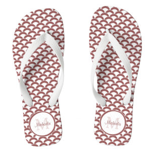 Modern Rosy Brown White Scallops Monogram and Name Flip Flops