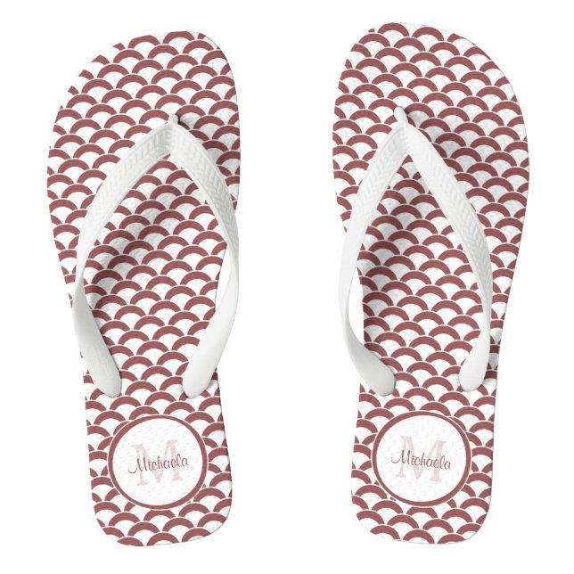 Modern Rosy Brown White Scallops Monogram and Name Flip Flops (Footbed)