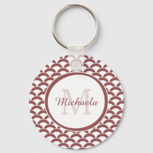 Modern Rosy Brown White Scallops Monogram and Name Key Ring