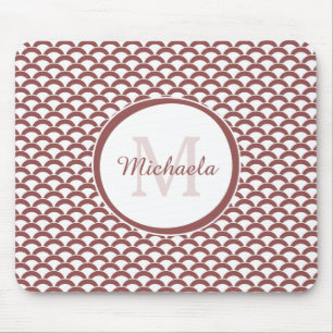Modern Rosy Brown White Scallops Monogram and Name Mouse Mat