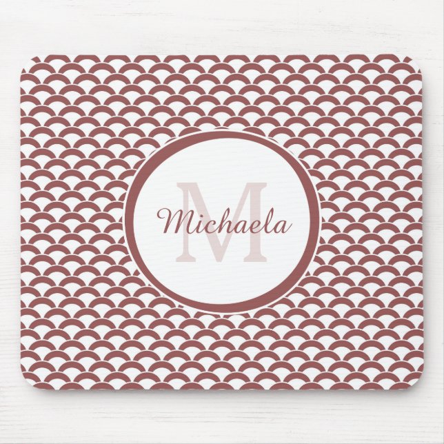 Modern Rosy Brown White Scallops Monogram and Name Mouse Mat (Front)