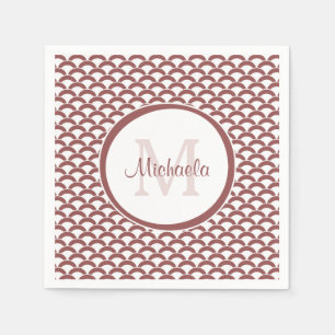 Modern Rosy Brown White Scallops Monogram and Name Napkin