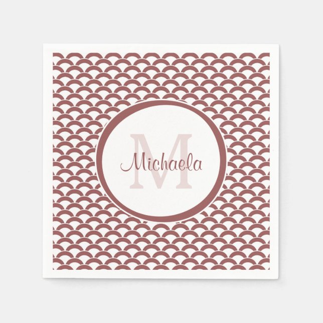 Modern Rosy Brown White Scallops Monogram and Name Napkin (Front)