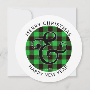 Modern Round, Christmas Ampersand & Green Plaid Holiday Card