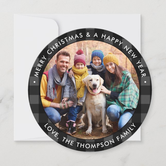 Modern Round Custom Photo Black Grey Buffalo Plaid Holiday Card (Front)