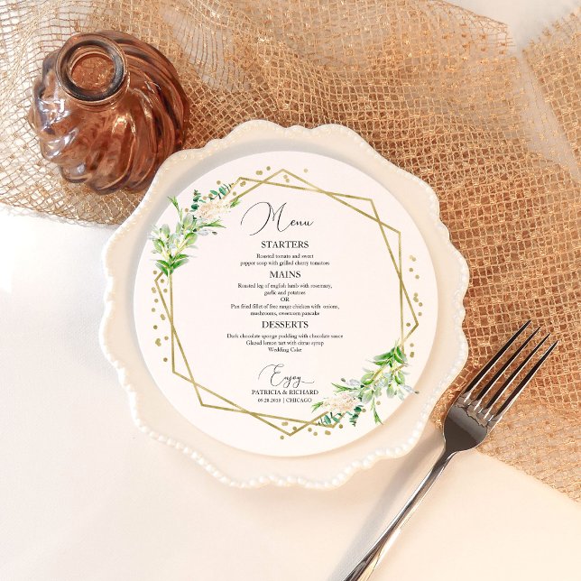 Modern Round Greenery Geometric Wedding Menu Card (Creator Uploaded)