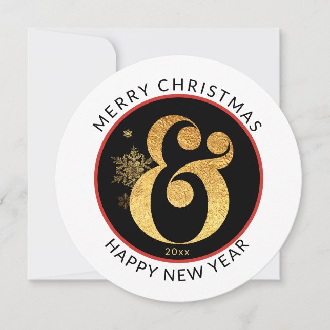 Modern Round, Merry Christmas Gold Look Ampersand  Holiday Card (Front)