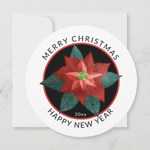 Modern Round, Merry Christmas Large Red Poinsettia Holiday Card