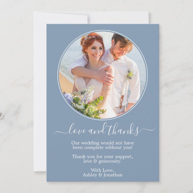 Modern Round Photo Frame Dusty Blue Wedding Thank You Card (Front)