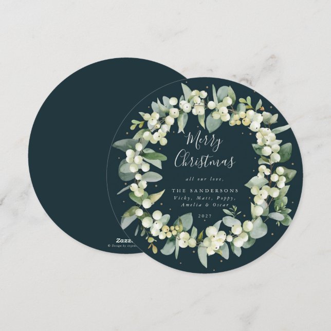 Modern Round Snowberry+Eucalyptus Christmas Wreath Holiday Card (Front/Back)