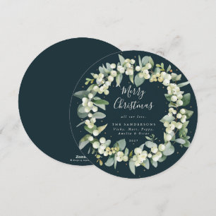 Modern Round Snowberry+Eucalyptus Christmas Wreath Holiday Card