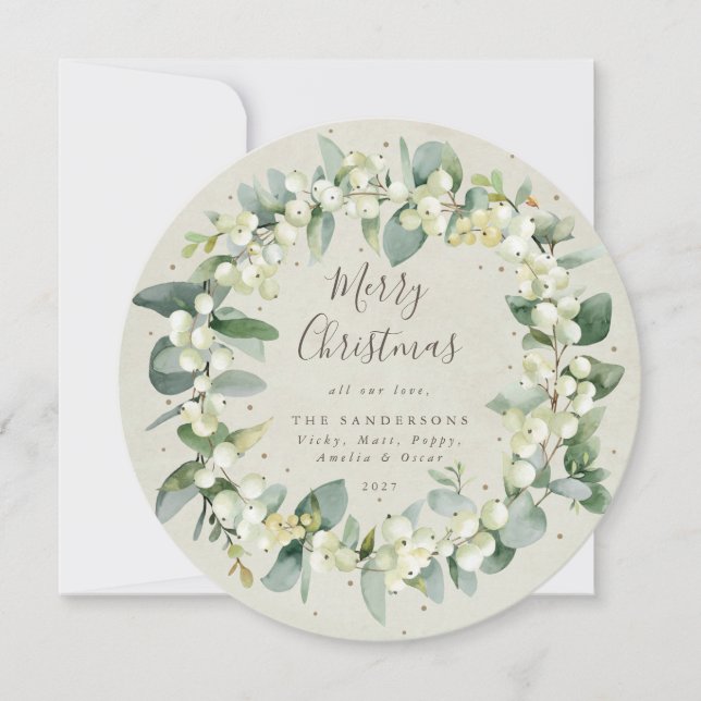 Modern Round Snowberry+Eucalyptus Christmas Wreath Holiday Card (Front)