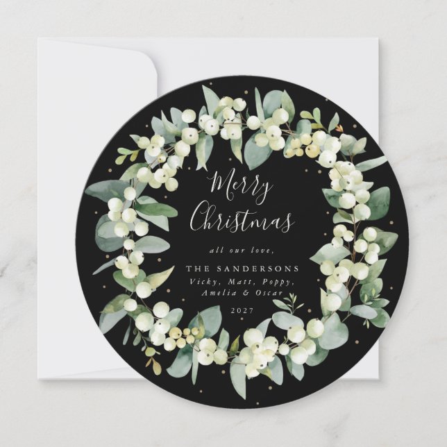 Modern Round Snowberry+Eucalyptus Christmas Wreath Holiday Card (Front)
