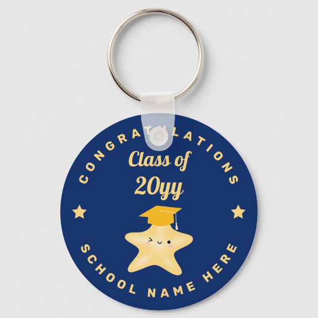 Modern Royal Blue and Gold Graduation Star Key Ring (Front)