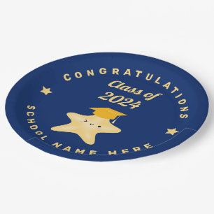 Modern Royal Blue and Gold Graduation Star Paper Plate