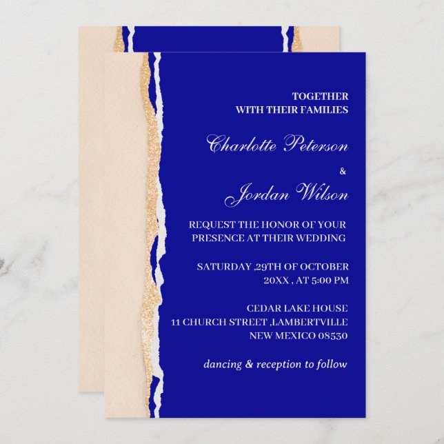 Modern Royal Blue and Rose Gold Wedding Invitation (Front/Back)