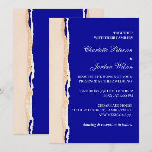 Modern Royal Blue and Rose Gold Wedding Invitation