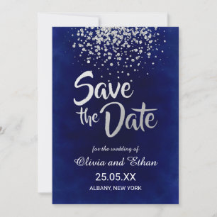 Modern Royal Blue and Silver Confetti Save The Date