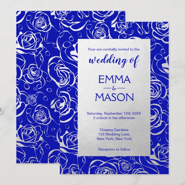 Modern Royal Blue and Silver Floral Invitation (Front/Back)