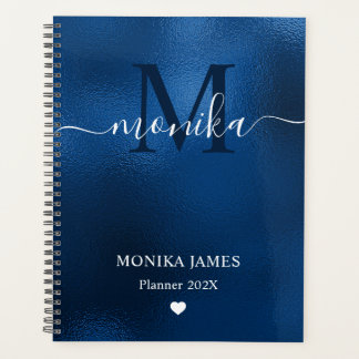 Modern Royal Blue Brushed Metal Monogram Planner