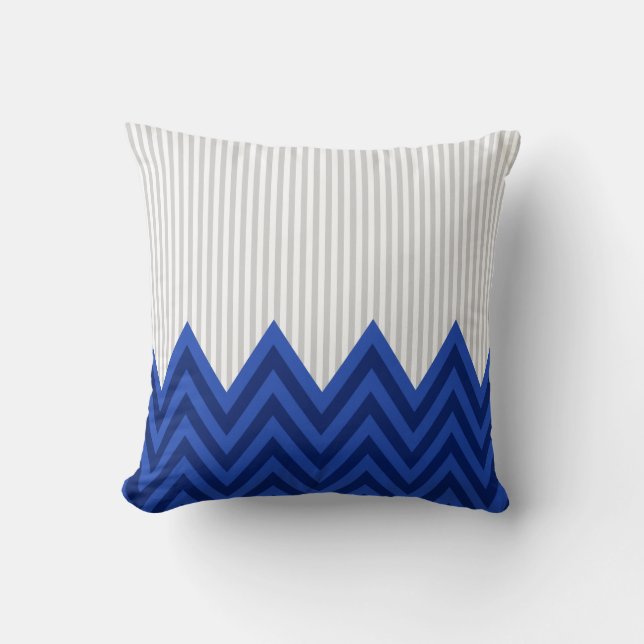 Modern Royal Blue Chevron Grey  Stripes Pattern Cushion (Front)