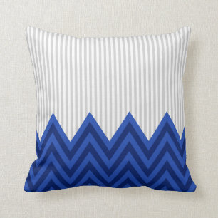 Modern Royal Blue Chevron Grey Stripes Pattern Cushion
