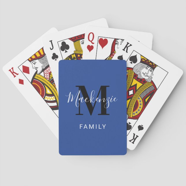 Modern Royal Blue Custom Family Monogram Initial Playing Cards (Back)