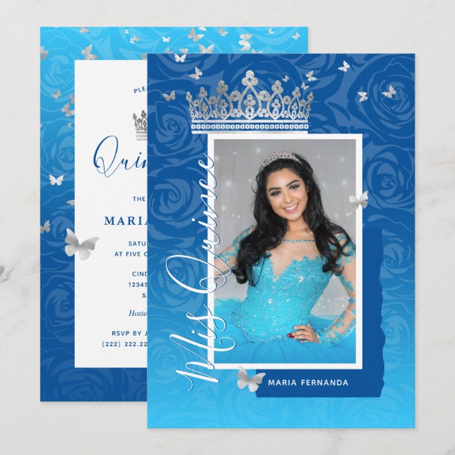 Modern Royal Blue Elegant Floral Photo Quinceanera Invitation (Front/Back)
