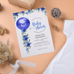 Modern Royal Blue Floral Balloon Boy Baby Shower Invitation