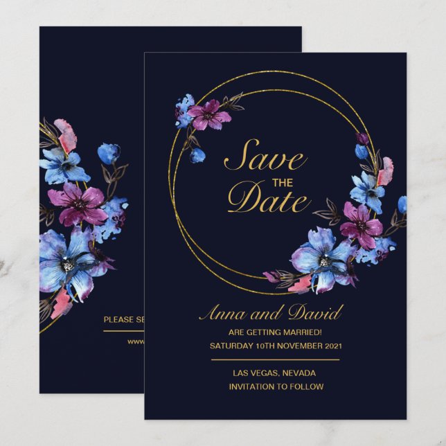 Modern Royal Blue Floral Save The Date Invitation (Front/Back)