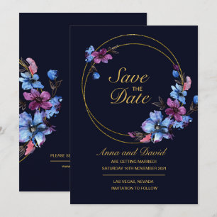 Modern Royal Blue Floral Save The Date Invitation
