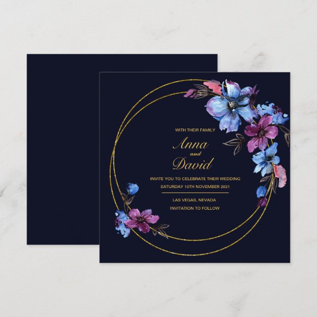 Modern Royal Blue Floral Wedding Invitation (Front/Back)