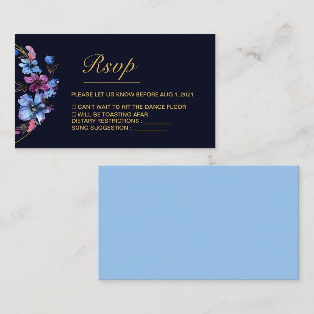 Modern Royal Blue Floral Wedding RSVP Card (Front/Back)