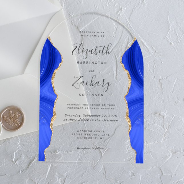 Modern Royal Blue Gold Agate Wedding Arch Acrylic Invitations (Creator Uploaded)