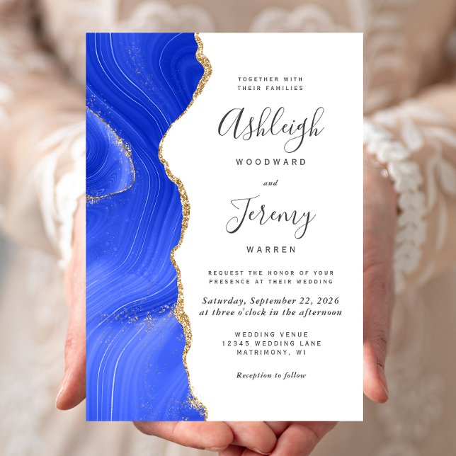 Modern Royal Blue Gold Agate Wedding Invitation (Creator Uploaded)